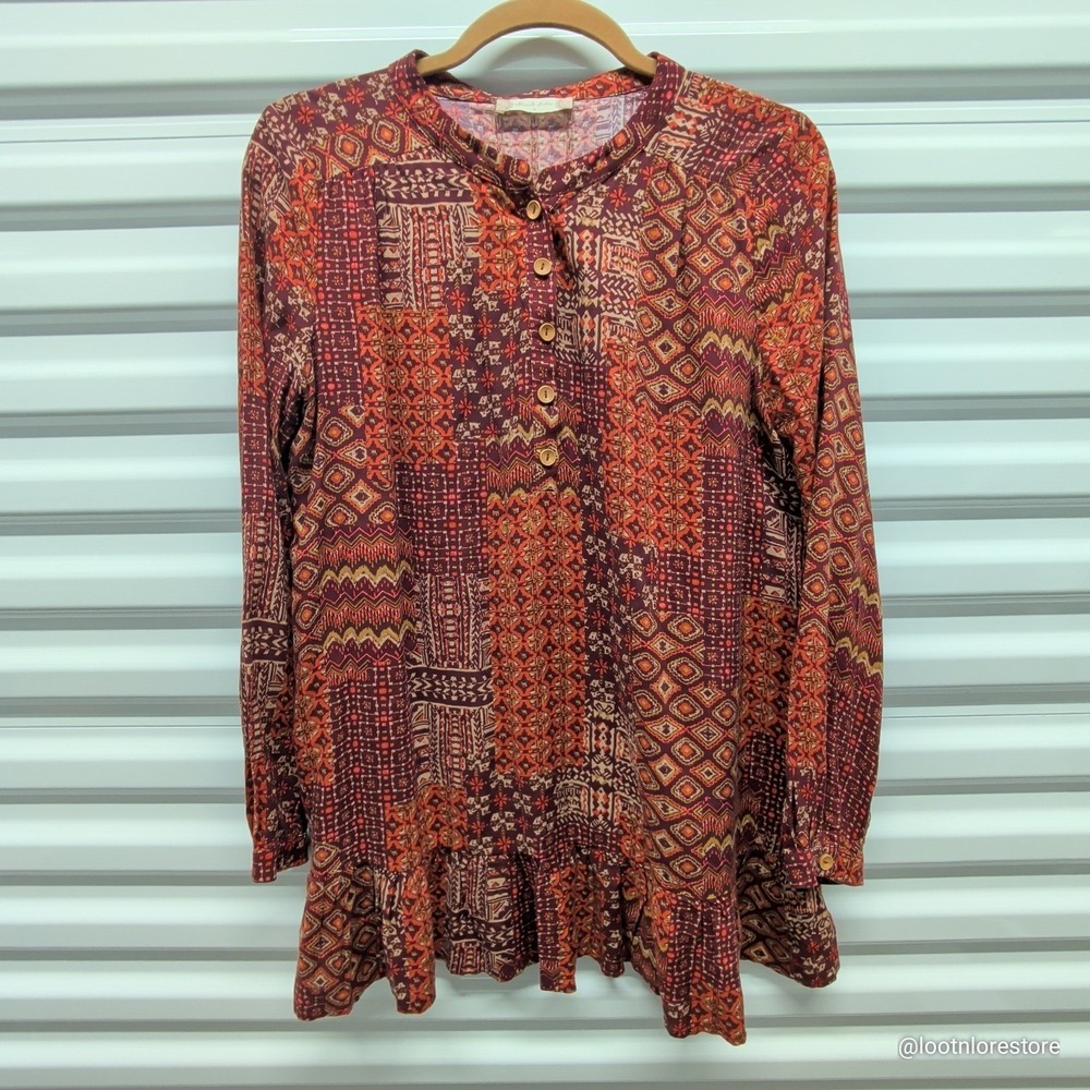 Altar'd State Tunic Top Small Womens Boho Patchwork Ruffle Hem‎ Burgundy Orange